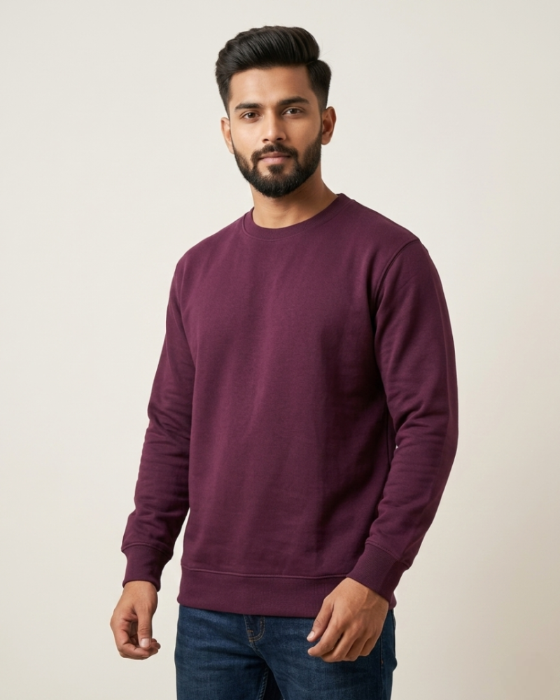 Men's Grape Wine Crew Neck Sweatshirt | Ultra-Soft Winter Fleece Pullover | Solid Comfort Fit Sweatshirt