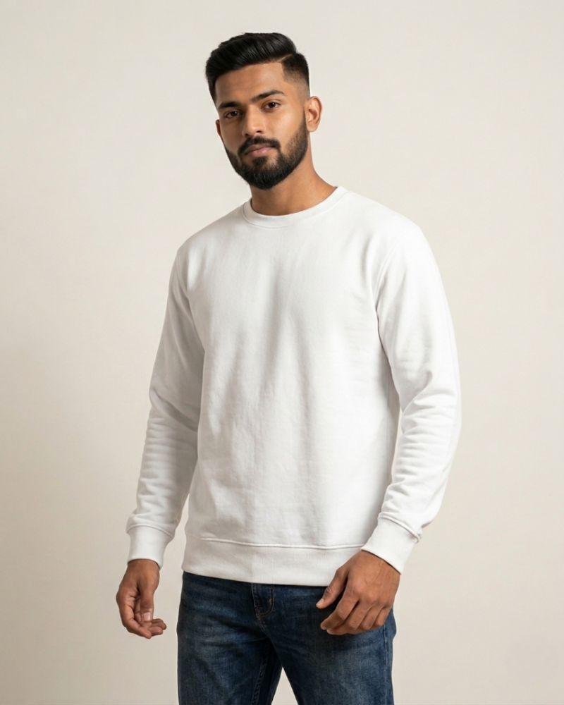 Men's Premium Solid White Crew Neck Sweatshirt | Ultra-Soft Full Sleeve Winter Pullover | Heavyweight Relaxed Fit Sweatshirt