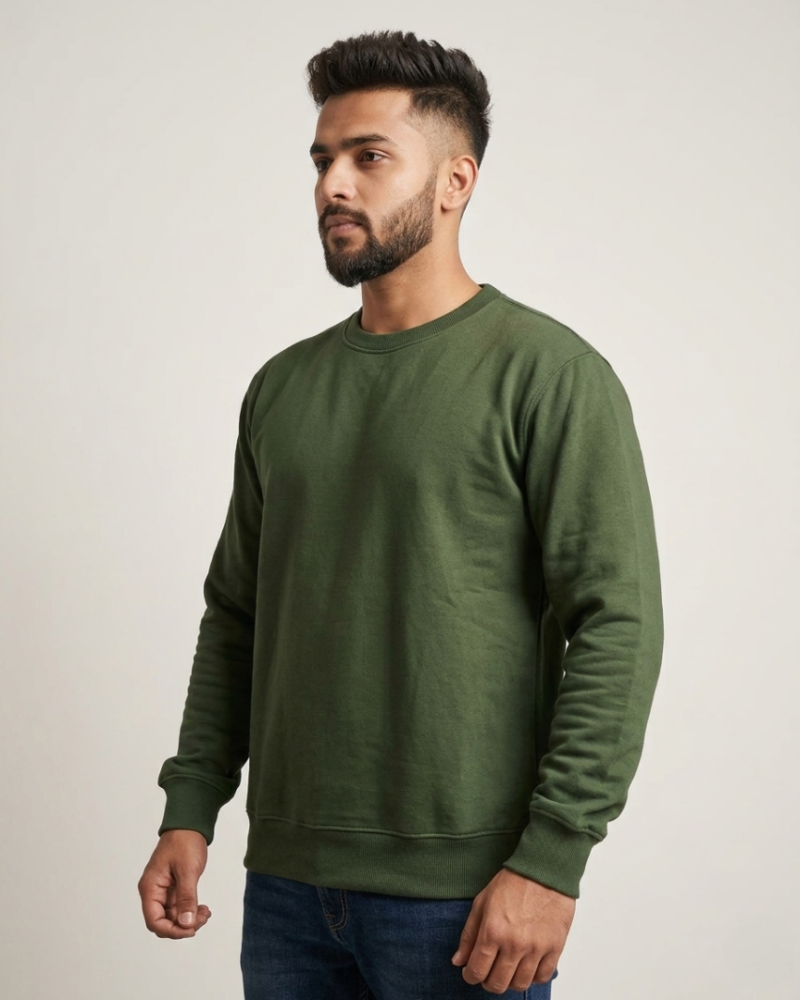 Men's Solid Olive Green Crew Neck Sweatshirt | Premium Fleece Cotton Blend | Relaxed Fit Casual Pullover