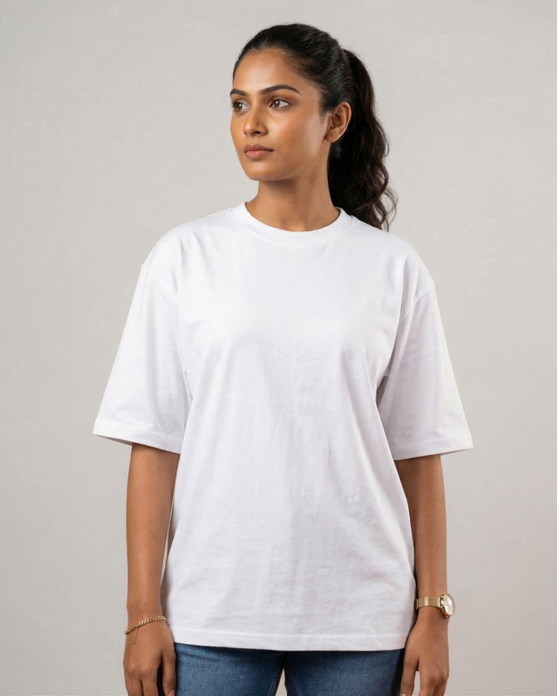 Women's White Cotton Oversized T-Shirt | Drop Shoulder Streetwear Fit | Solid Plain White Tee